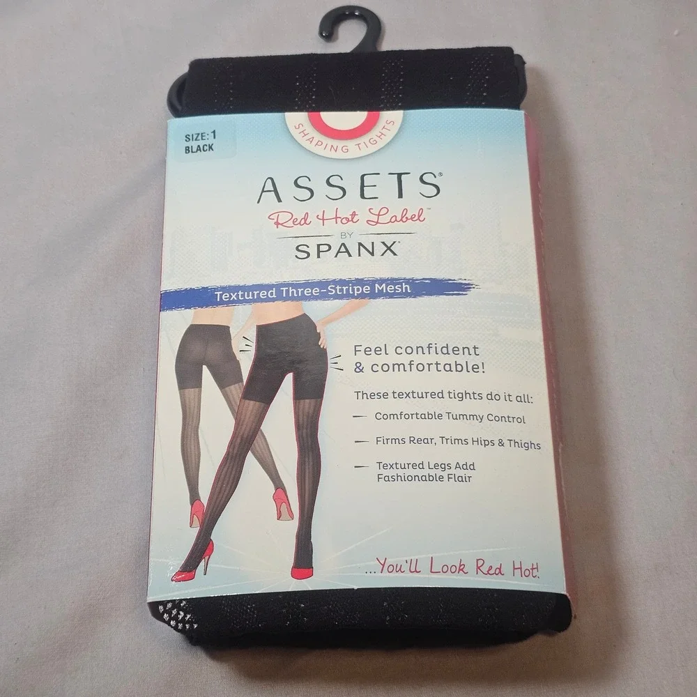SPANX ASSETS Size 1 (A) Textured Three Stripe Mesh Shaping Tights Black New 1550